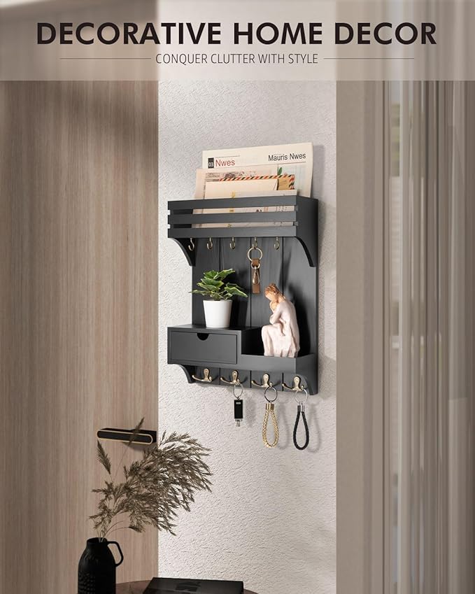 Rebee Vision Modern Key Holder Wall Mount with Mini Drawer Organizer - Decorative Mail Organizer with 9 Key Hooks and Floatin