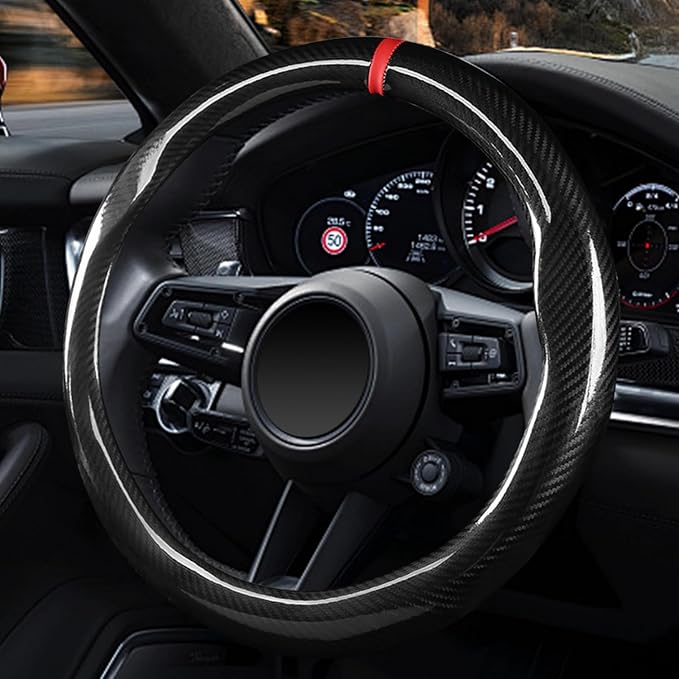 Labbyway Carbon Fiber Steering Wheel Cover, Universal 15 inch, Breathable, Anti-Slip, Warm in Winter and Cool in Summer, Blac