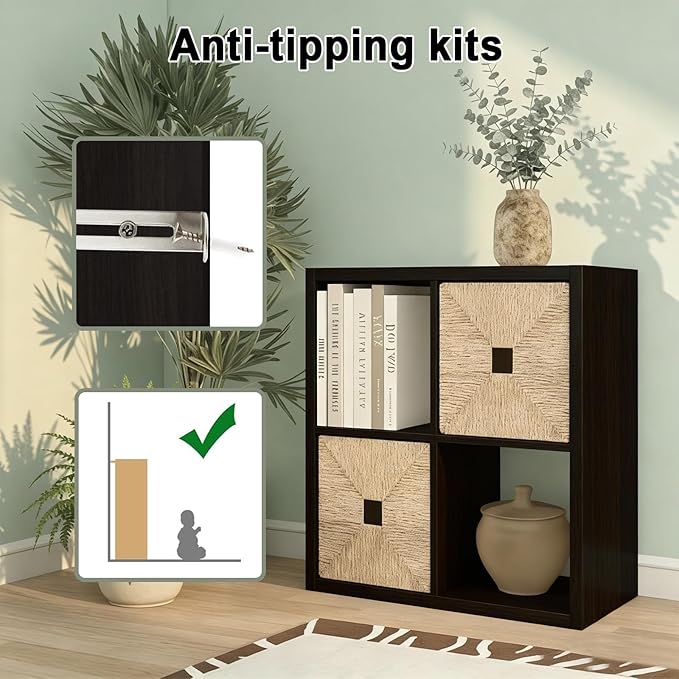 CTESNE【2026 Wooden Thick Frame 4 Cube Storage Organizer Shelf with Anti-Tipping Kits + Reversible Open Back Bookcase, Horizon