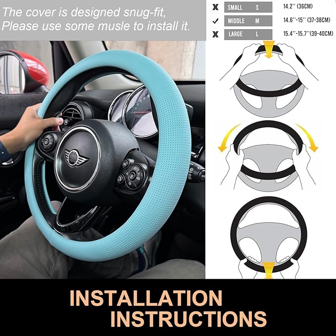 PINCTROT Nappa Leather Steering Wheel Cover, Slim Fit No Bulk Design, One Piece Leather with Breathable Perforation, Fit Like