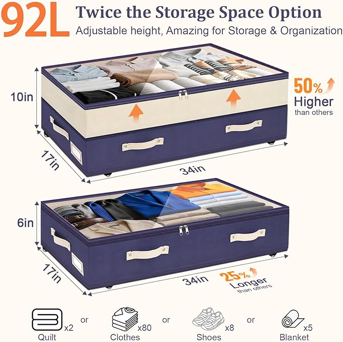 Dolicer 4 Pack Under Bed Storage with Wheels (Blue & Blue), 4 Pack 92L XXXL 6in-10in Height Adjustable Underbed Storage Conta