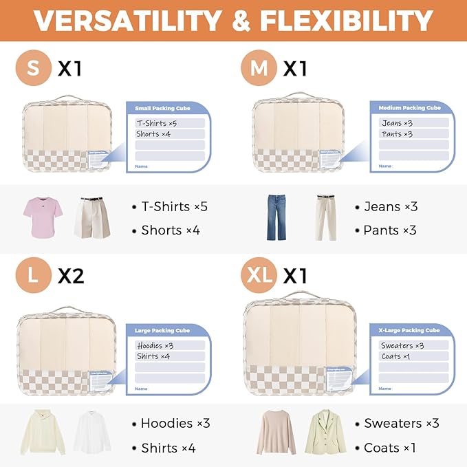 BAGAIL 9 Set Packing Cubes with Packing List Luggage Packing Organizers for Travel Accessories (Khaki checkered)