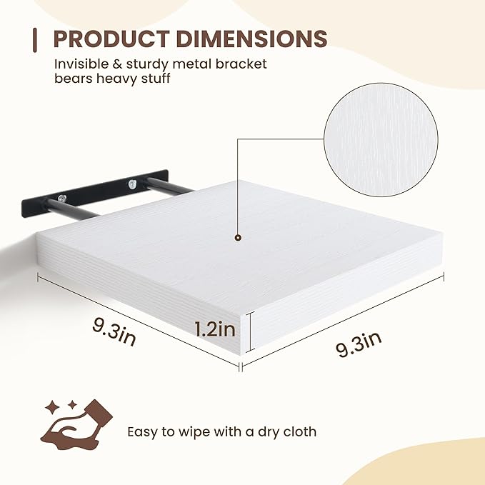 Fun Memories Floating Shelves for Wall - 9.3 Inch Square Shelves with Invisible Brackets, White Small Wall Shelf for Living R