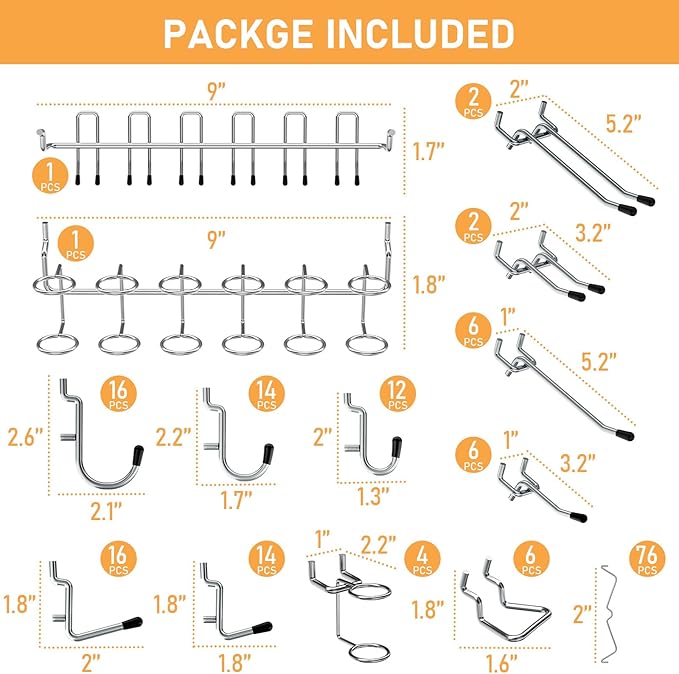 INCLY 176PCS Extra Thick Pegboard Hooks, 1/4" Heavy Duty Metal Peg Board Hooks Assortment with Peg Locks Pegboard Accessories
