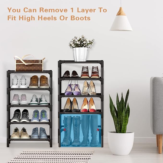 Shoe Rack - 10 Tiers Shoe Organizer with Detachable Fabric Shelves & Metal Frame, Up to 20-25 Pairs Narrow Tall Shoe Rack for