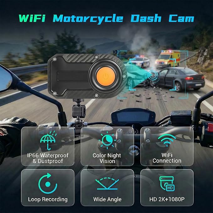 NHOPEEW Motorcycle Dash Cam 1080P/2K HD WiFi Mini Screenless Motorbike Driving Recorder, IP66 Waterproof Front Camera, Wide A