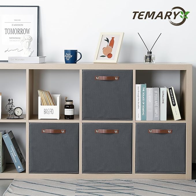 Temary Foldable Cube Baskets 4Pack - Grey, 13x15x13 Inch Fabric Storage Organizer Bins with Handles