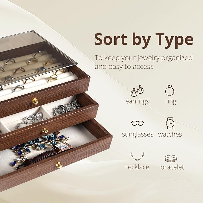 CLUQMEIK 3-layer Wooden Drawer Jewelry Organizers and Storage Box with Grey Acrylic Lid and Velvet Lining, Jewelry Box for Wo