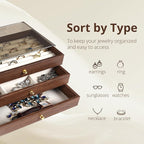 CLUQMEIK 3-layer Wooden Drawer Jewelry Organizers and Storage Box with Grey Acrylic Lid and Velvet Lining, Jewelry Box for Wo