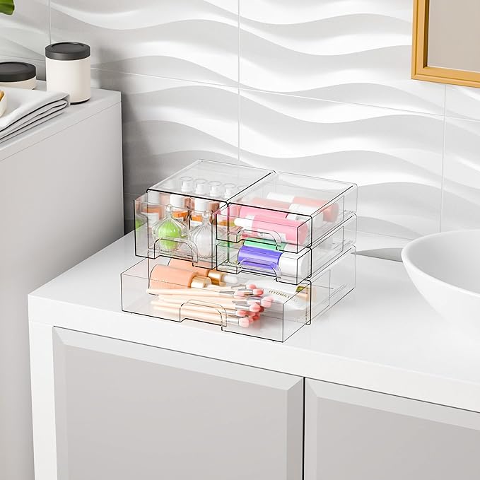 Yieach 4 Pack Clear Stackable Storage Drawers,Pull-Out Medicine Cabinet Organizer and Containers,Large Acrylic Organizers Dra