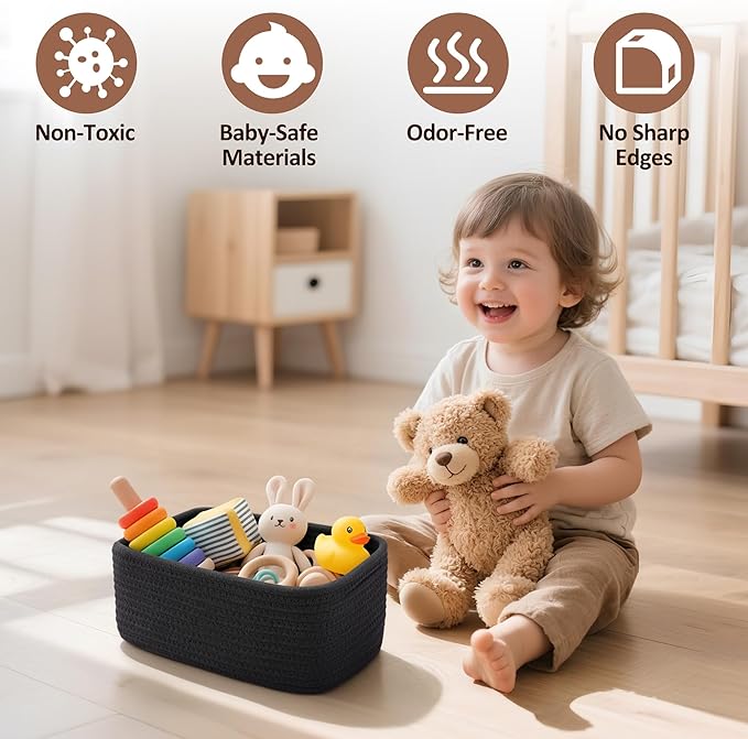 5-Pack Small Woven Rope Storage Baskets – 2 Sizes Organizer Bins for Closet, Shelf, Bookshelf, Nursery, Changing Table, Fabri