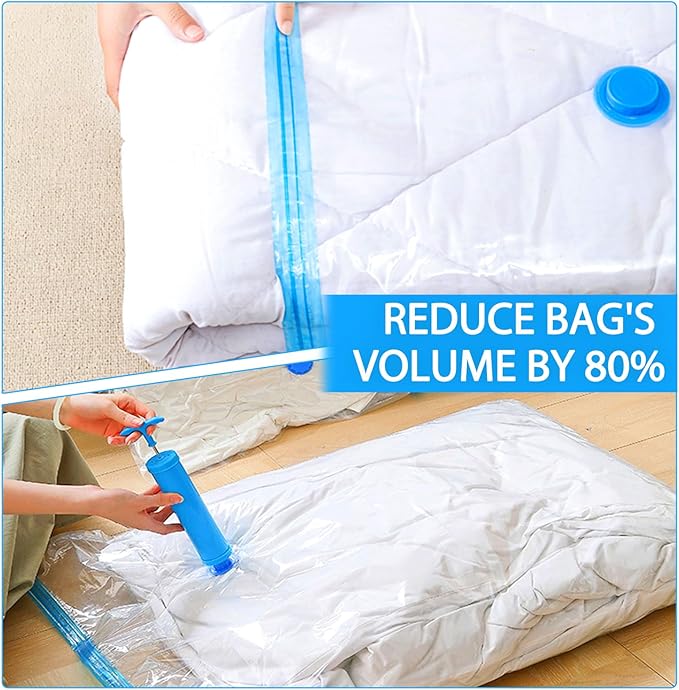 8 Pack Large Vacuum Storage Bags, Vacuum Seal Bags for Clothing with Hand Pump, 80% Space Saver Bags for Clothes, Pillows, Co