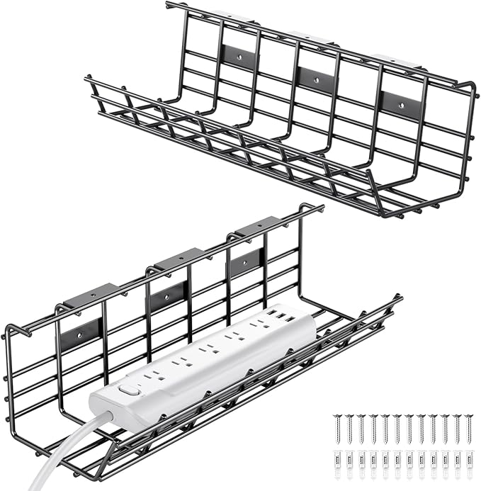 2 Pack DELAMU Under Desk Cable Management Tray, Large Metal Cord Organizer, Office & Home Cord Wire Management Under Desk She