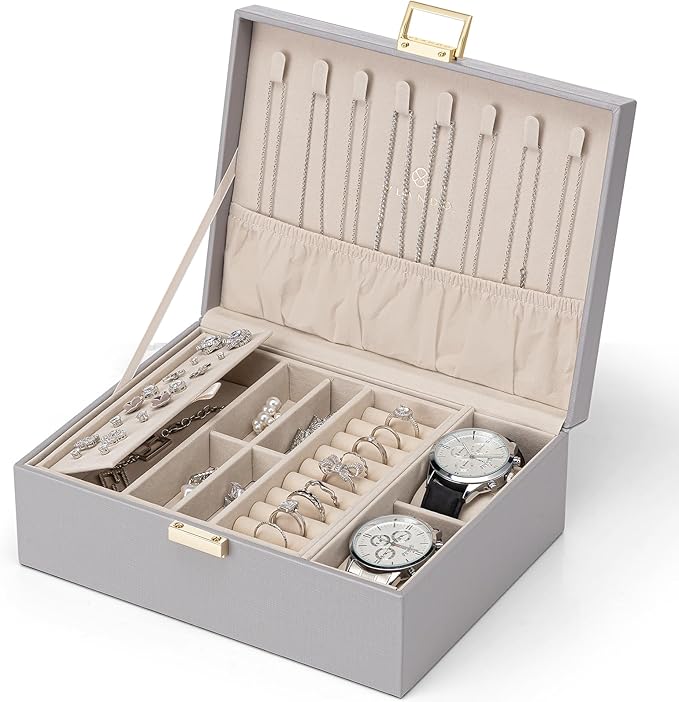 VLANDO 2 Layer Jewelry Box Large Jewelry Organizer for Women Removable Jewelery Tray with Watch Pillow for Necklace Earrings 