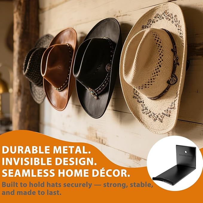 Metal Cowboy Hat Rack for Wall – Extended Curved Silicone Grip Holder, Fits All Hat Sizes, Protects Large Brim Hats, Universa