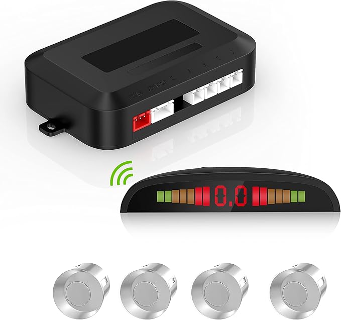 EKYLIN Wireless Car Parking Sensor, Reverse Radar System with 4 Parking Sensors, Wireless LED Distance Display with Sound Warning + 4 Silver Color Car Reverse Parking Sensors for Cars Vans RV Trailer