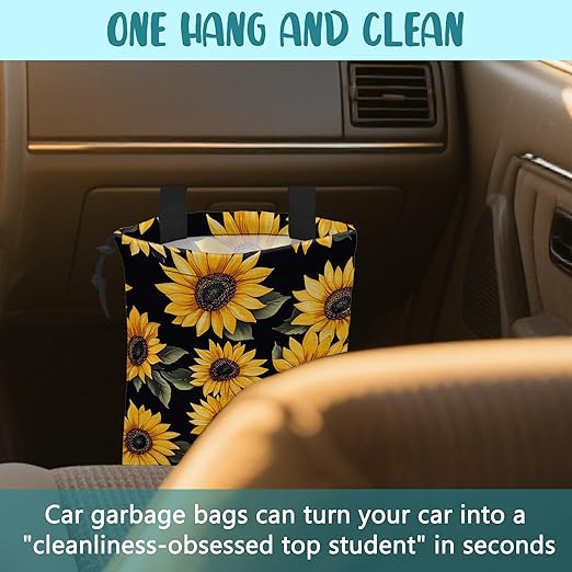 Car Garbage Bag Retro Yellow Sunflowers Hanging Canvas Car Trash Bag Drawstring Car Back Seat Organizer for Car Back Front Seat Console with Adjustable Buckle