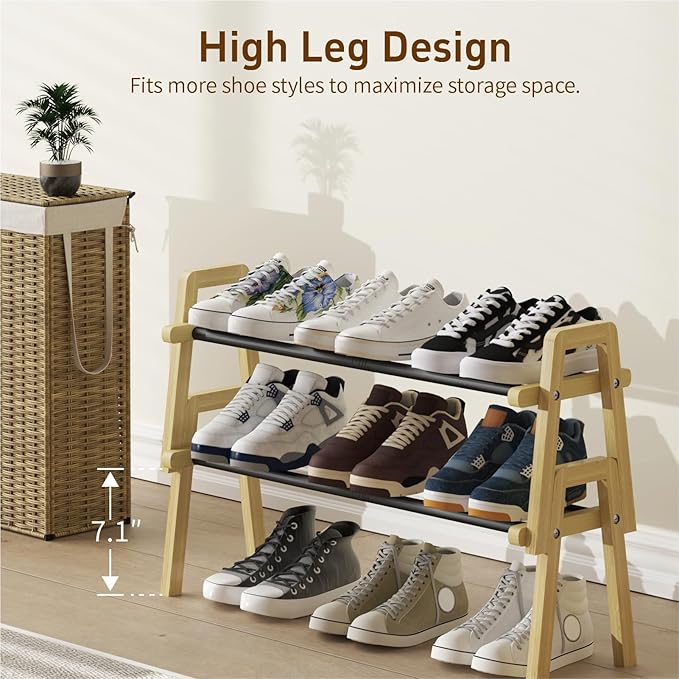 2-Tier Stackable Bamboo Shoe Rack, Free Standing Shoe Storage Organizer for Entryway, Closet, Doorway - Natural Wood Shoe She