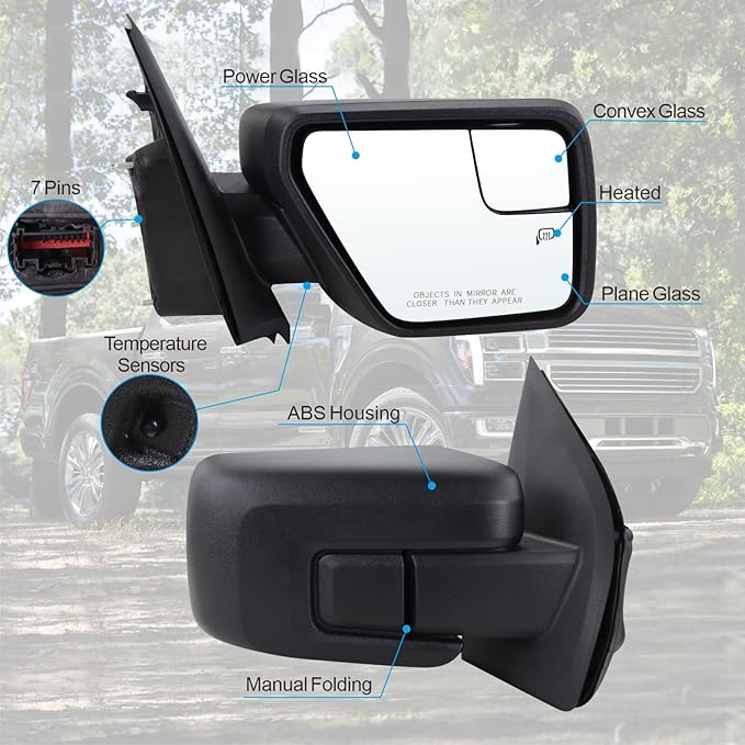 Right Passenger Side Door Mirror Compatible With 2021 2022 2023 2024 2025 2026 Ford F150 With Power Glass Manual Folding Heated Temperature Sensors Matte Black Replace#ML3Z17682UA(7 Pins)