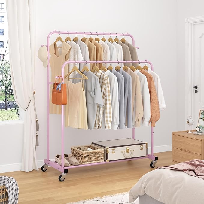 Laiensia Double Rods Garment Rack with Wheels, Clothing Rack for Hanging Clothes,4 Hooks, Multi-Functional Bedroom Clothes Ra