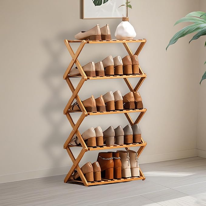 Jessie Bamboo Shoe Rack,Free Standing Shoe Rack for Closet,Portable Folding Shoe Storage Rack, Space Saving,Shoe Shelf for Be