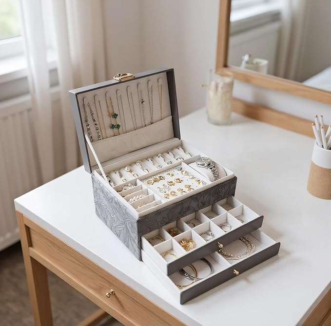 TOFUNTOY Jewelry Organizer Box, Large Jewelry Boxes for Women, 3-Layer Jewelry Holder Organizer for Necklace Earrings Rings B