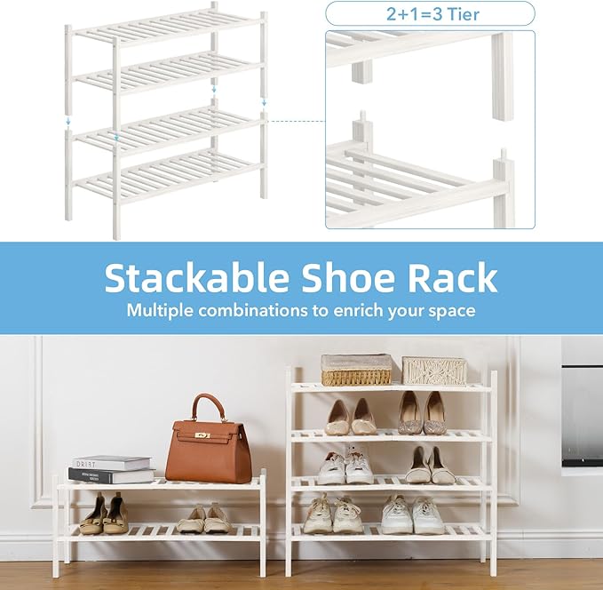 4 Tier Bamboo Shoe Rack Storage Organizer for Closet, Multifunctional Stackable Free Standing Shoe Shelf Organizer for Small 