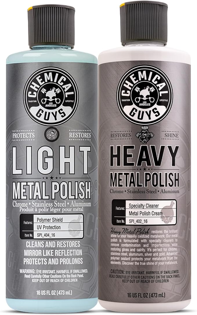 Chemical Guys Light & Heavy Metal Polish Kit - Restore, Protect & Shine All Metal Surfaces, Removes Oxidation, Rust & Tarnish from Chrome, Aluminum, Stainless Steel & More, Includes 2 x 16 oz Bottles