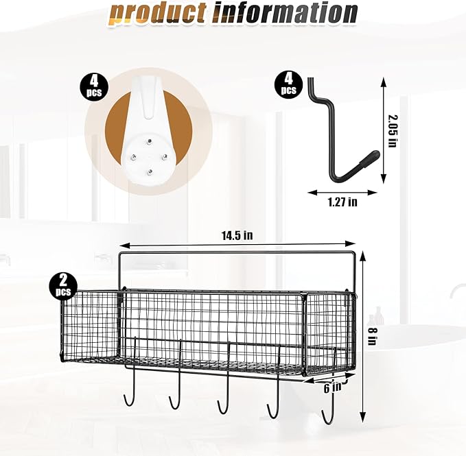 Shimeyao 2 Pcs Pegboard Accessories Set Including 2 Pegboard Baskets Bins with 5 Hooks 4 extra Hooks Black Metal Wire Basket 