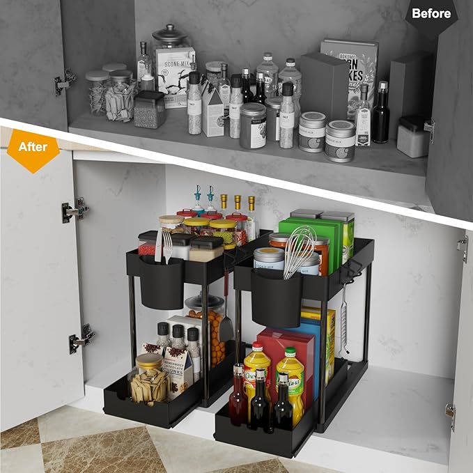 2 Pack Under Sink Organizers and Storage, 2-Tier Sliding Cabinet Organizer Drawer for Bathroom and Kitchen – Multi-Purpose Ca