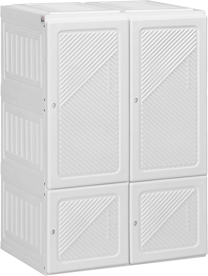 HOMCOM Portable Wardrobe Closet, Folding Clothes Storage Organizer with 3 Cube Compartments, Hanging Rod, 4 Magnet Doors, Whi