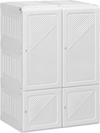 HOMCOM Portable Wardrobe Closet, Folding Clothes Storage Organizer with 3 Cube Compartments, Hanging Rod, 4 Magnet Doors, Whi