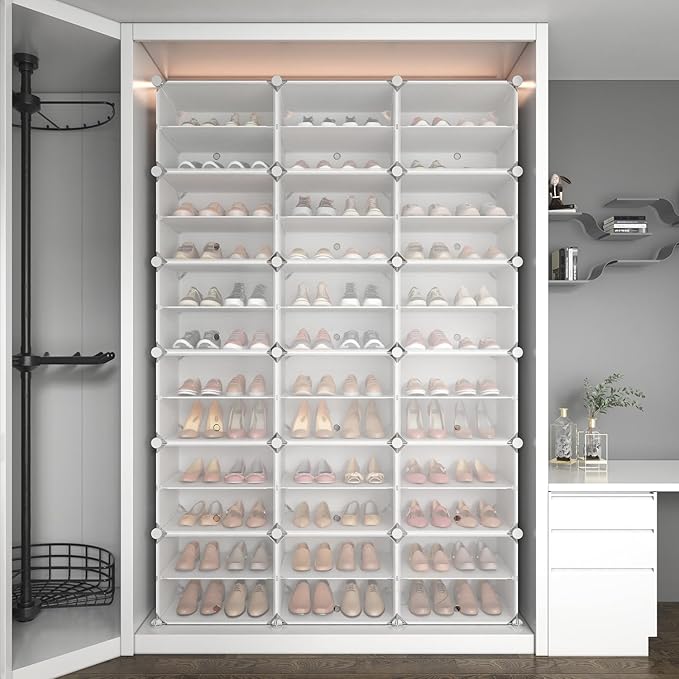 ROJASOP Portable Shoe Rack Organizer with Door, 72 Pairs White Shoe Storage Cabine Covered Shoe Rack Shoe Organizer for Close