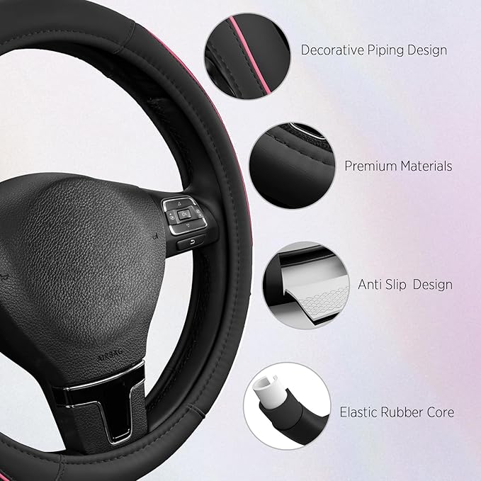 Road Comforts Leather Steering Wheel Cover with Decorative Trim and Piping, Anti-Slip Breathable Design, Fits 14.5–15 Inch Ro