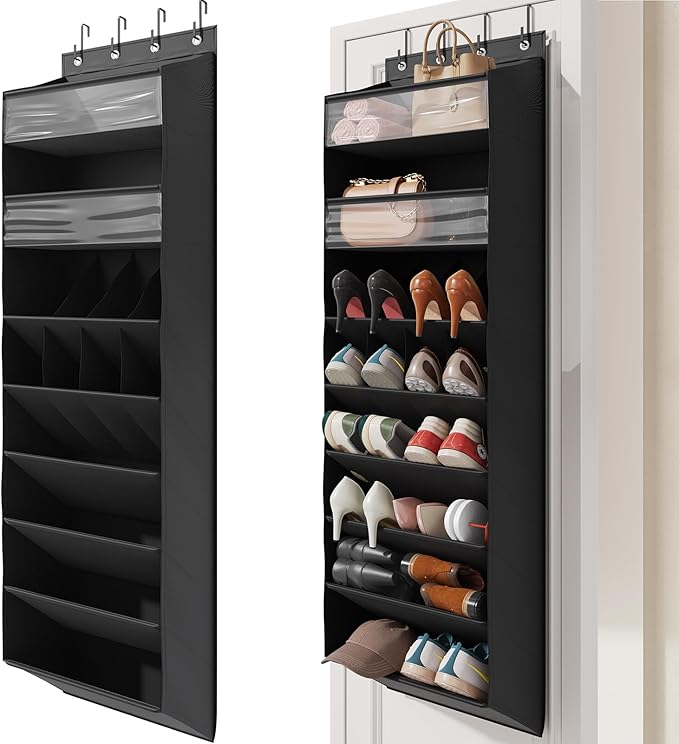 Mefirt 16-20 Pairs Over the Door Shoe Organizer, Clear Pockets Shoe Rack for Closet Door, Hanging Shoe Rack for Boots, Behind