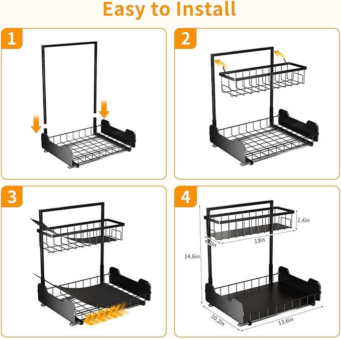 Under Sink Organizer, 2-Tier L-Shaped Pull Out Cabinet Shelf with 2 Installation Methods, Adjustable Sliding Storage Drawer f