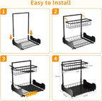 Under Sink Organizer, 2-Tier L-Shaped Pull Out Cabinet Shelf with 2 Installation Methods, Adjustable Sliding Storage Drawer f