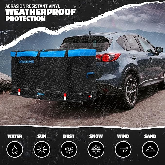 Mockins 25 Cu Ft Large Trailer Hitch Cargo Carrier Bag | 60"x24"x31" Waterproof Cargo Bag for Hitch Carrier & Truck Bed | Weatherproof Vinyl Vehicle Soft-Shell Carriers Set w/Straps, Lock & Carry Case