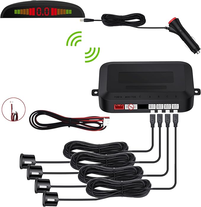 EKYLIN Cordless Parking Sensor, Reverse Sensor System with 4 Car Backup Sensors, LED Distance Display with Sound Warning + 4 Black Parking Sensors for Cars, Vans, RVs, and Trailers