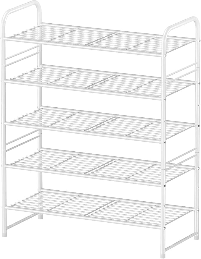 5 Tier Shoe Rack Closet Metal Heavy Duty, Stackable, White