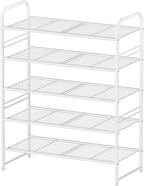 5 Tier Shoe Rack Closet Metal Heavy Duty, Stackable, White