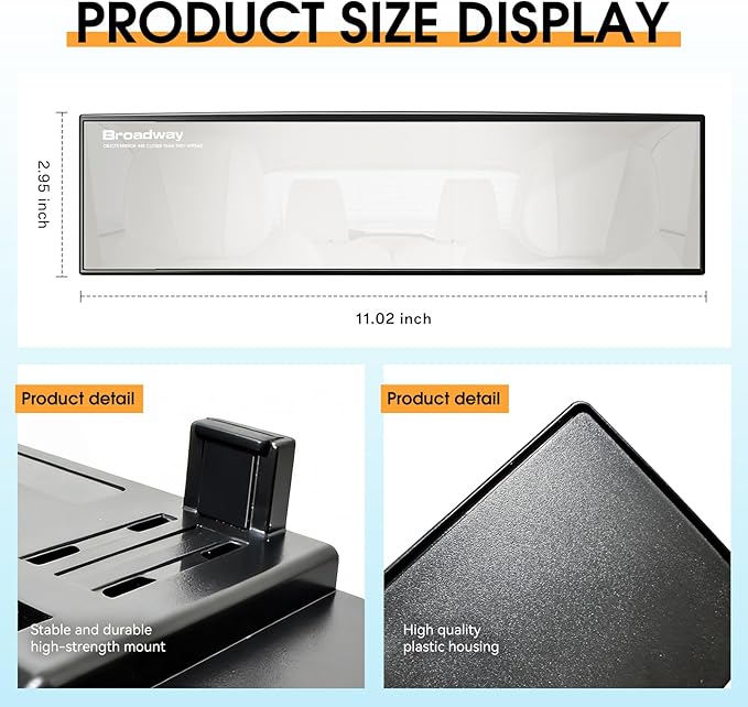 Broadway Panoramic Rear View Mirror Wide Angle Car Mirror Blind Spot Convex Rearview Mirror Essential Rear View Mirror Accessories for Cars SUV Trucks Vehicles (270mm-White)