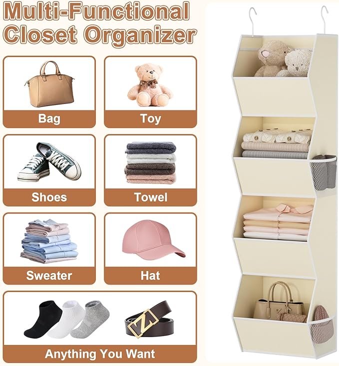 Hanging Closet Organizer 4 Shelf Collapsible Fabric Closet Organizers and Storage Hanging with Mesh Pocket for Clothes, Hangi