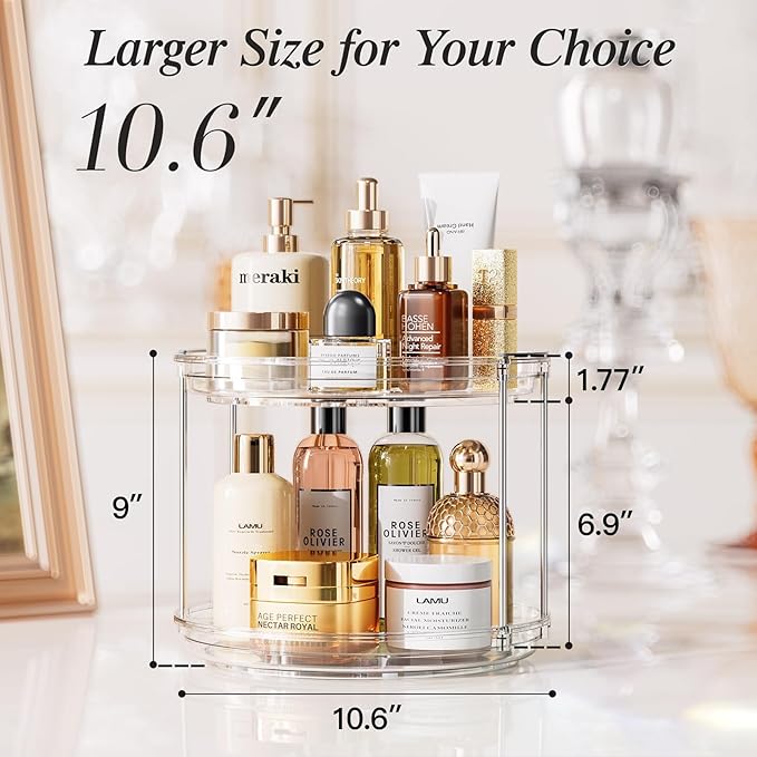 LAMU Rotating Makeup Organizer for Vanity, 10.6in 2 Tier Lazy Susan Turntable Stackable Spinning Skincare Organizer Cosmetic 