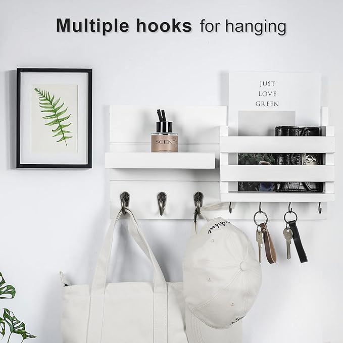Lwenki Mail Organizer for Wall Mount – Key Holder with Shelf Includes Letter Holder and Hooks for Coats, Dog Leashes – Rustic