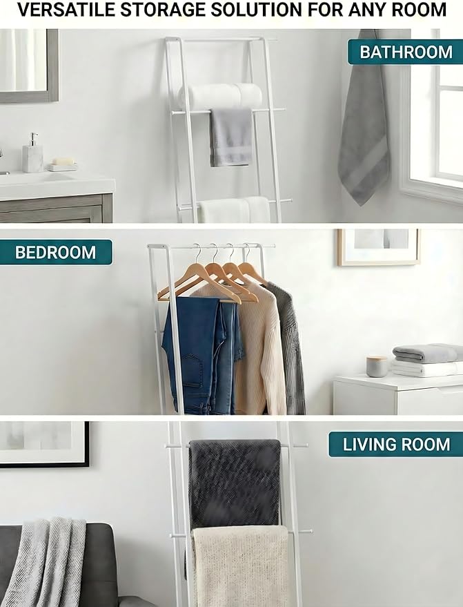 CANYAVE Metal Leaning Ladder Towel Rack, 4-Tier Blanket Stand for Bathroom Living Room, No Drilling Quilt Storage Organizer