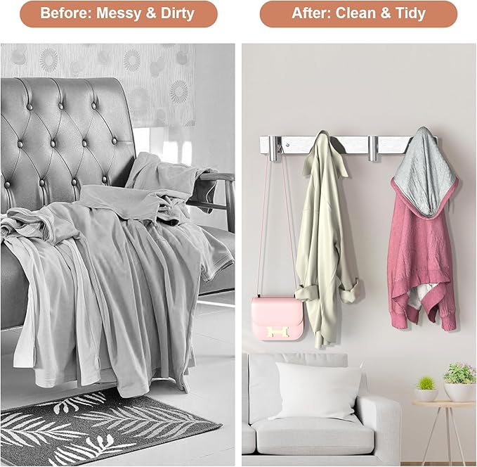 VAEHOLD Silver Hat and Coat Wall Mount Rack - Coat Rack with 4 Hooks for Robes, Bags, Keys, and Towels - Bathroom Towel Hange