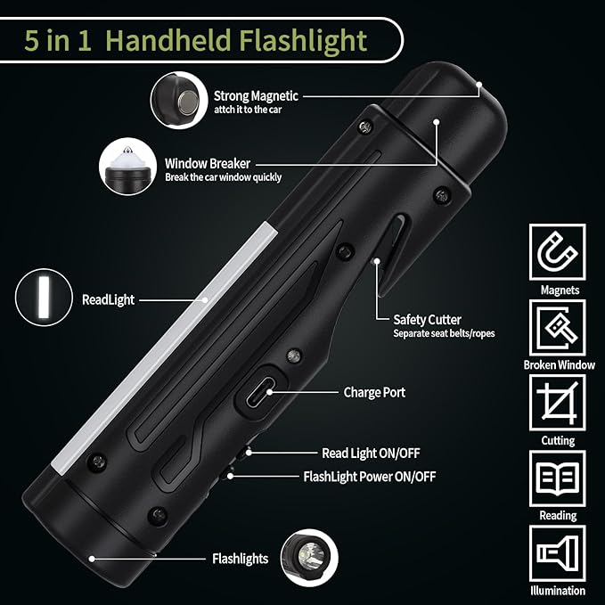 KnLnny Ware Automotive Escape Tool, Window Breaker,Seatbelt Cutter, Car Flashlight, 5 in1 Auto Tactical Gear, USB Charging, M
