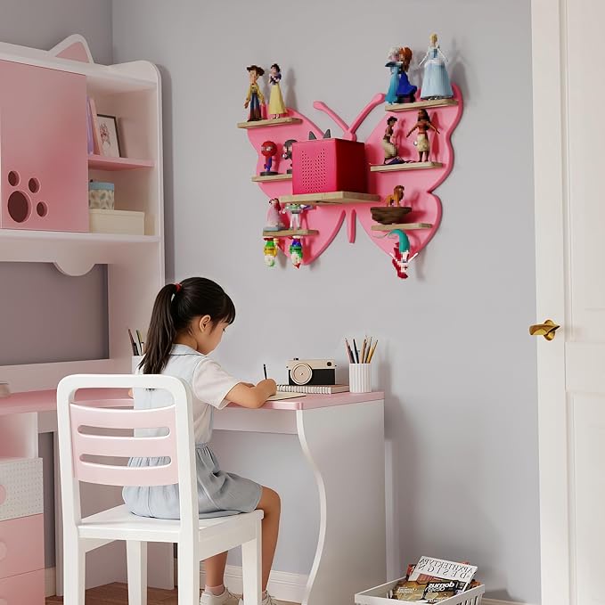 Pink Butterfly Tonie Shelf Wall Mounted - Tonies Wall Shelf for Toniebox, Charging Station, Magnetic Wood Display Floating Sh