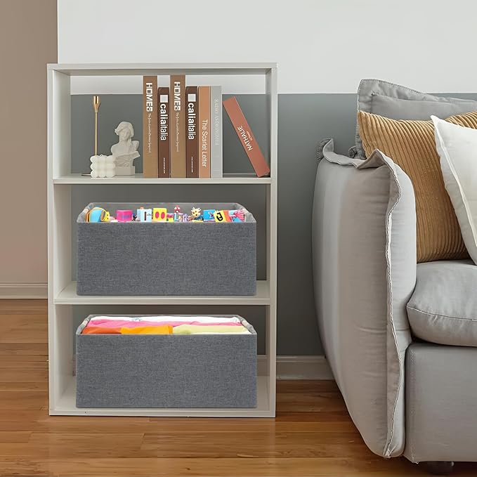 Foldable Fabric Storage Cubes, 2 Packs Cloth Storage Baskets with Wooden Handles, Collapsible Shelf Closet Organizer Bins, Re